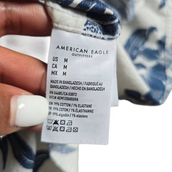 American Eagle Outfitters Shirt Men's Medium Ivory Blue Tropical Short Sleeve - Picture 7 of 8
